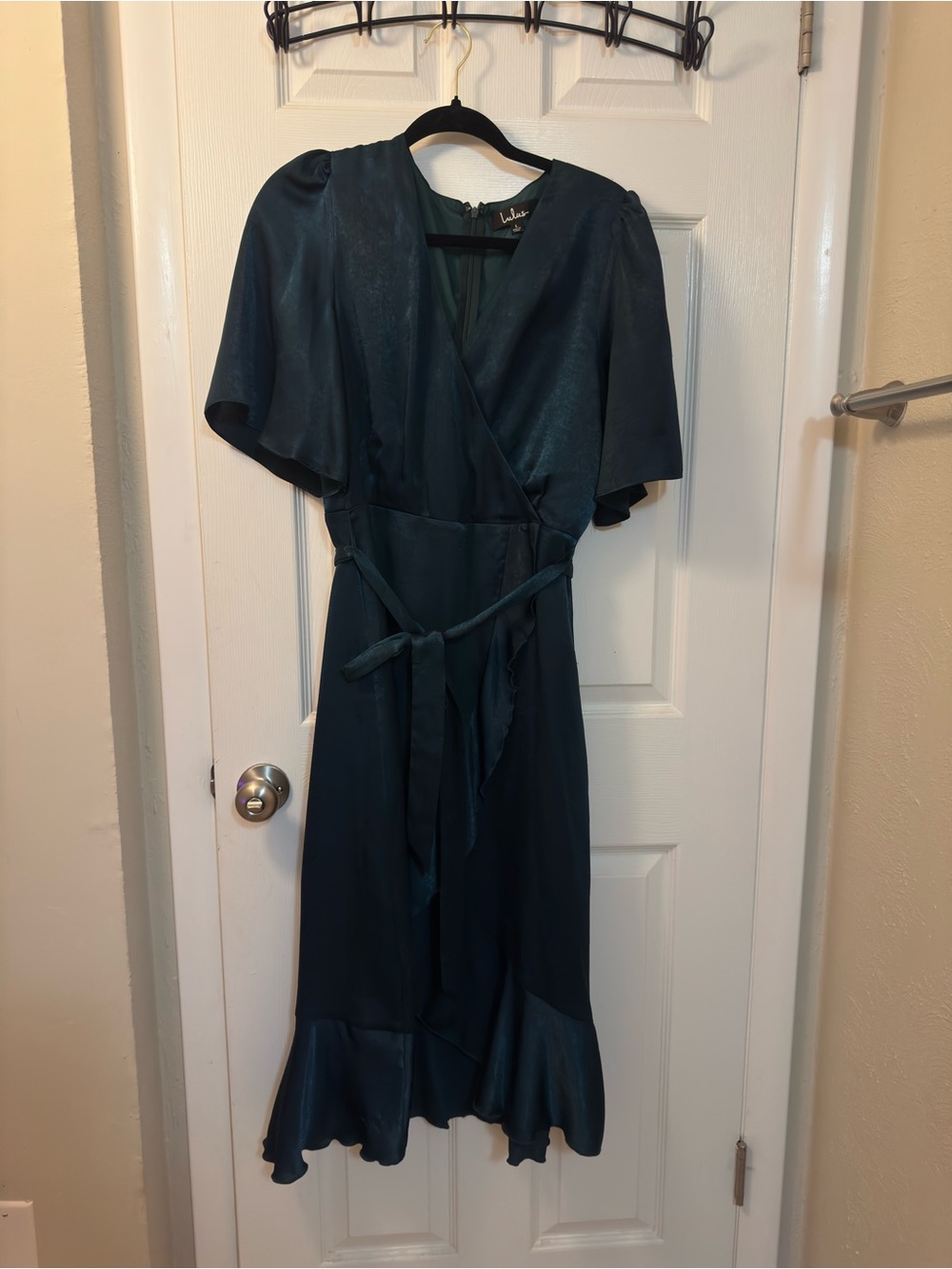 Lulu's Deep Teal Satin Wrap Midi Dress